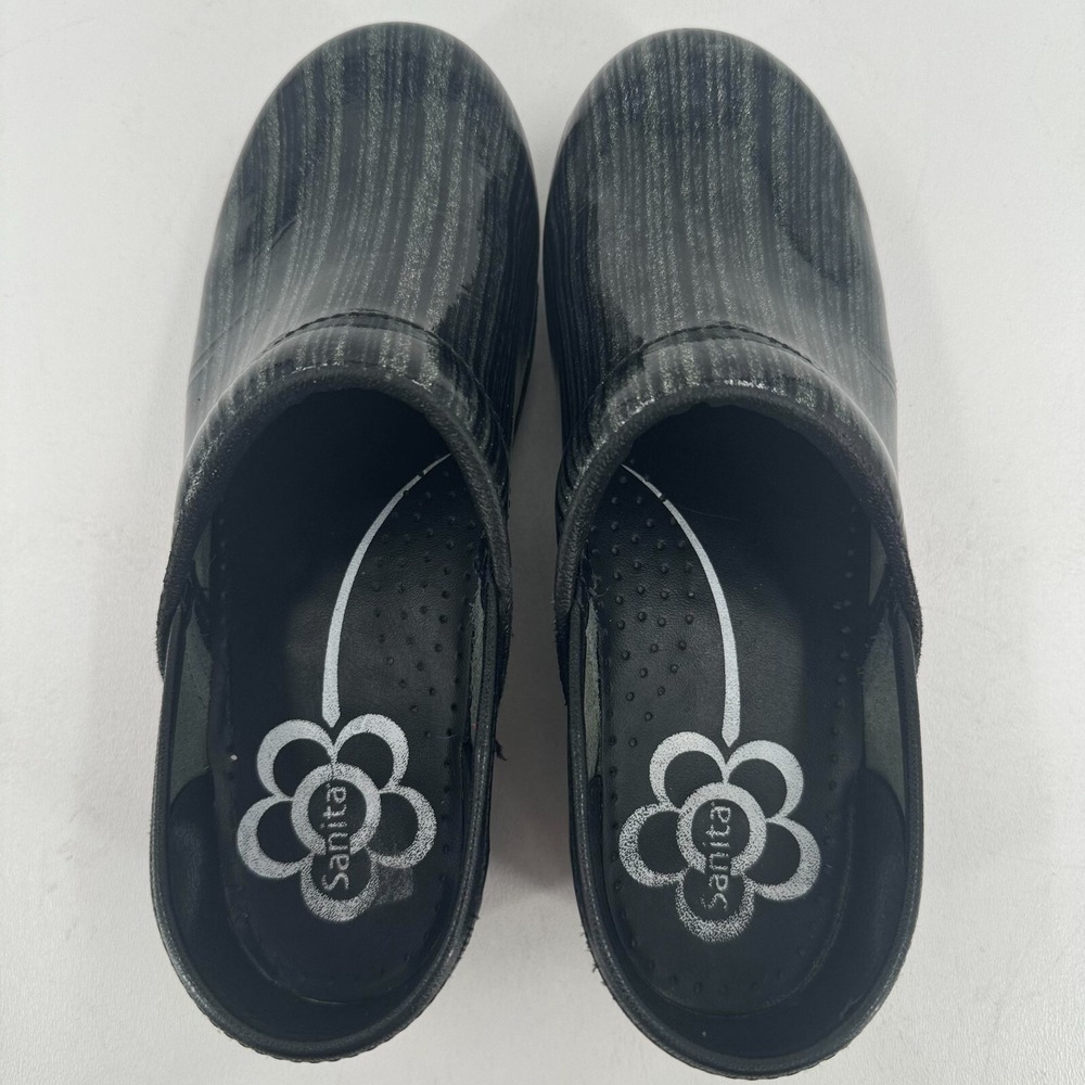 Sanita Danish Clogs Mules Shoes WOMENS Black Silver Glitter Leather Striped 37 - Picture 5 of 15